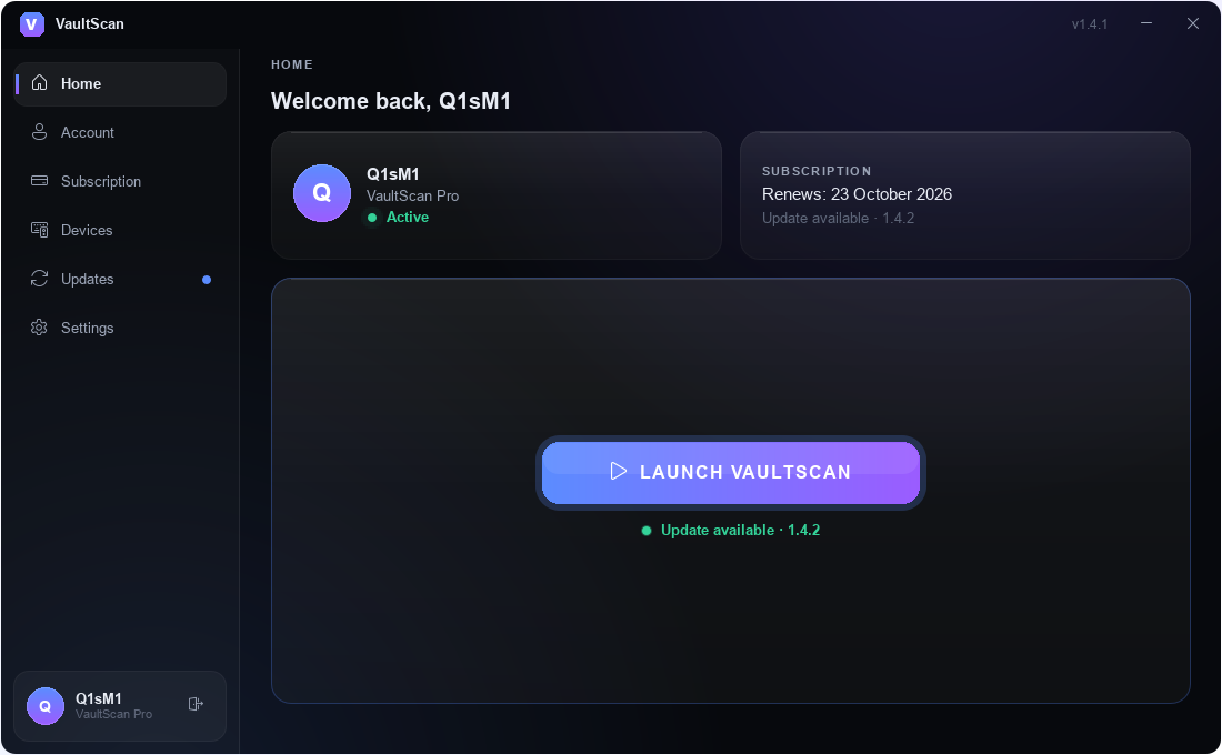 VaultScan Launcher home screen